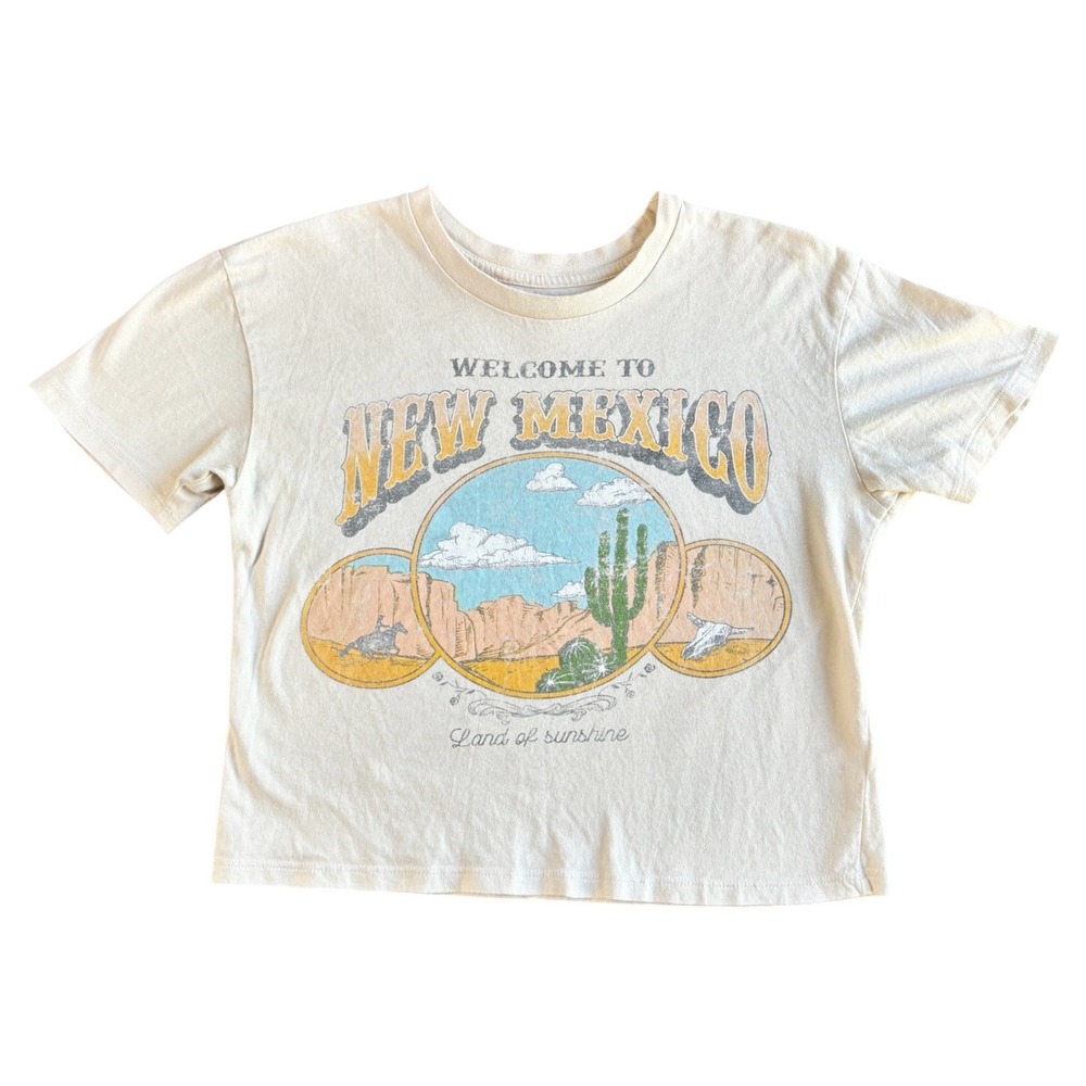Pretty Rebellious New Mexico Graphic Crop T-Shirt Cream Womens XS Cotton